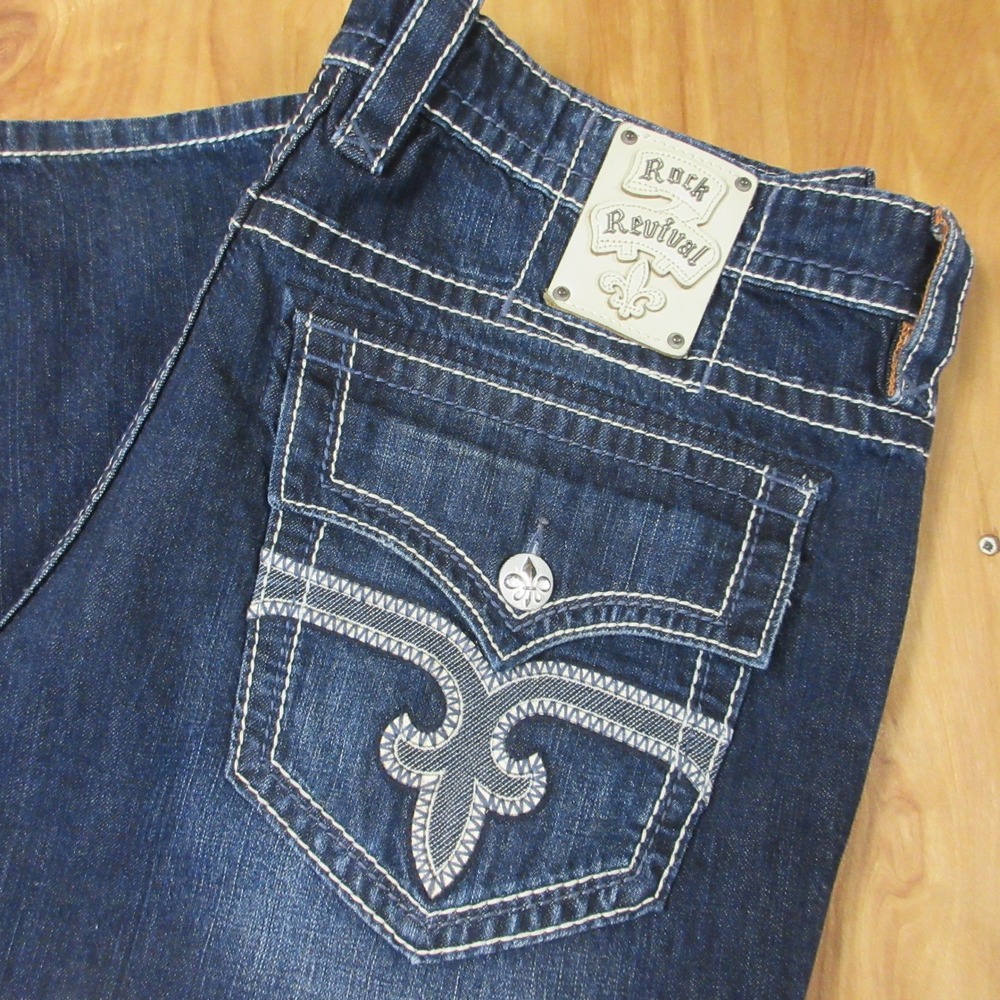 ROCK REVIVAL Mario Straight Leg Jeans 40 (42) X 33 Dark‎ Wash Denim Fleur-de-lis